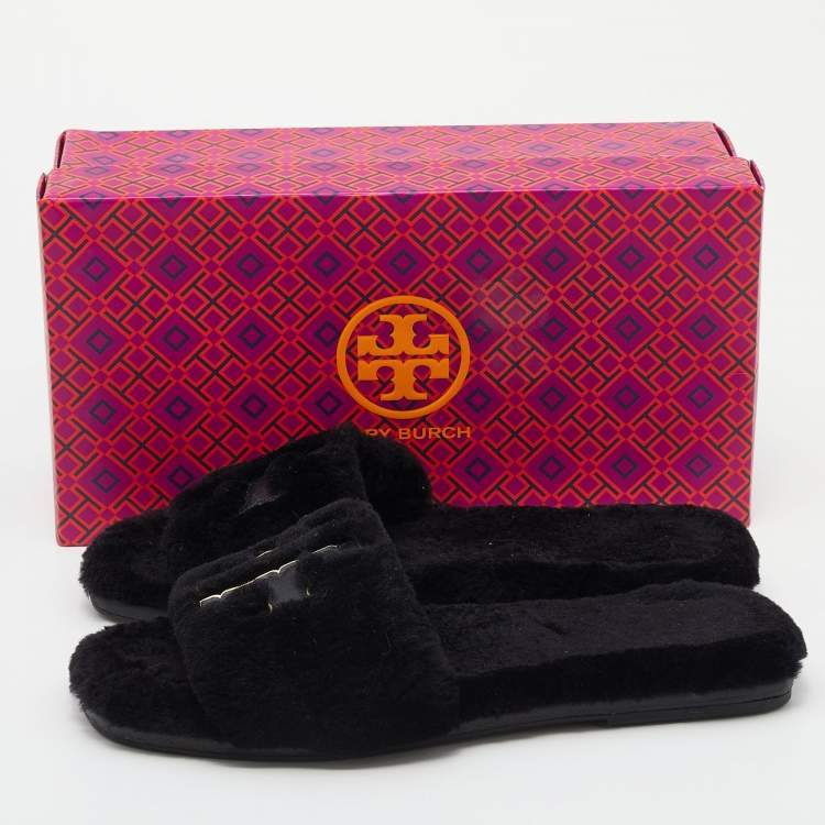 Pre Owned Tory Burch Black Shearling Double T-Fluffy Flat Slides Size 40