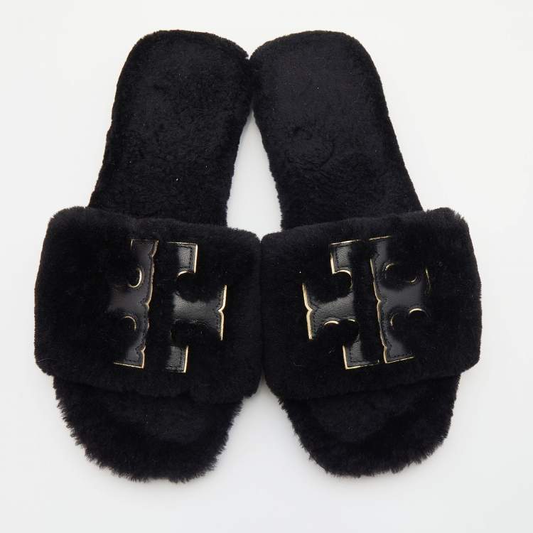Pre Owned Tory Burch Black Shearling Double T-Fluffy Flat Slides Size 40