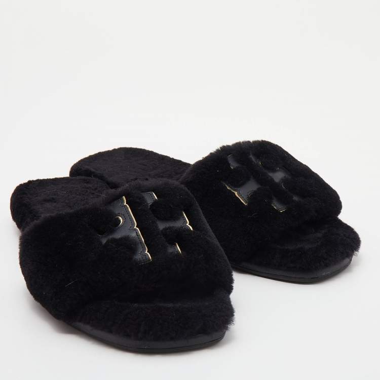 Pre Owned Tory Burch Black Shearling Double T-Fluffy Flat Slides Size 40