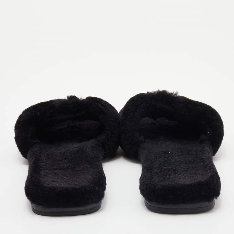 Pre Owned Tory Burch Black Shearling Double T-Fluffy Flat Slides Size 40