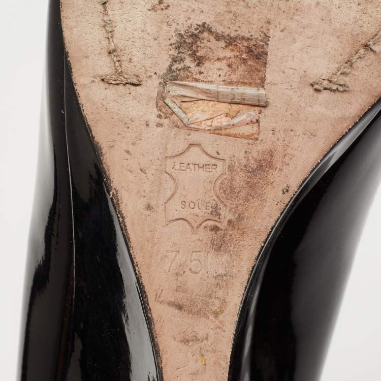 Pre Owned Tory Burch Black Patent Leather Bow Trudy Peep-Toe Wedge Pumps Size 38