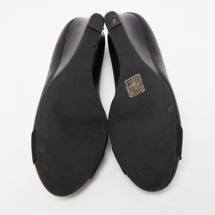 Pre Owned Tory Burch Black Leather Bow Detail Trudy Round Toe Wedge Pumps Size 37.5