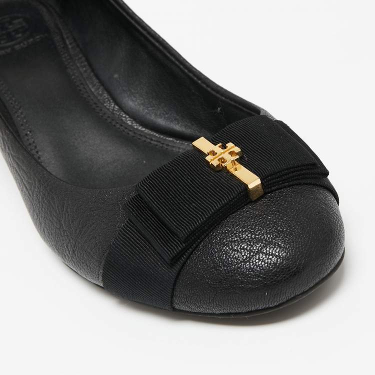 Pre Owned Tory Burch Black Leather Bow Detail Trudy Round Toe Wedge Pumps Size 37.5