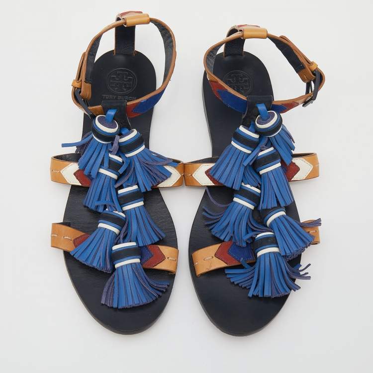 Pre Owned Tory Burch Multicolor Leather Weaver Tasseled Flat Sandals Size 38