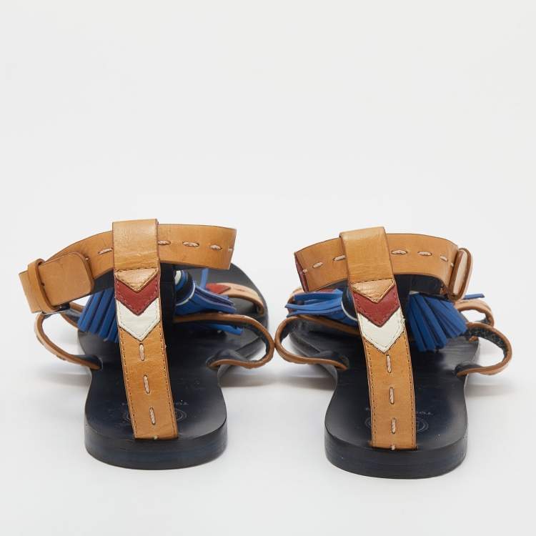 Pre Owned Tory Burch Multicolor Leather Weaver Tasseled Flat Sandals Size 38