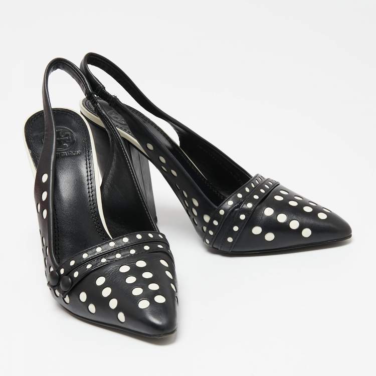 Pre Owned Tory Burch Black/White Polka Dot Leather Kay Slingback Sandals Size 37.5