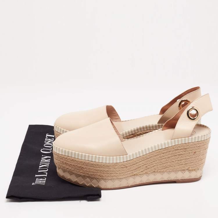 مملوكة مسبقًا Tory Burch Cream Leather Dandy Ankle Wrap Espadrille Wedge Sandals Size 41