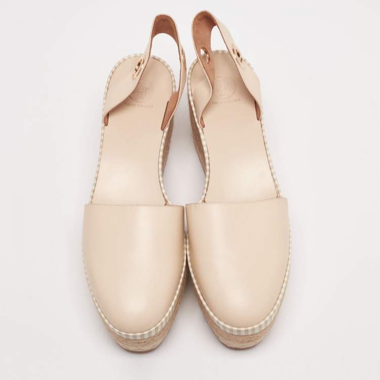 مملوكة مسبقًا Tory Burch Cream Leather Dandy Ankle Wrap Espadrille Wedge Sandals Size 41