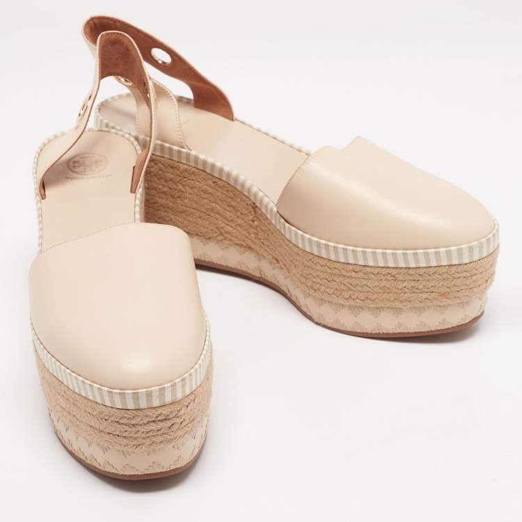 مملوكة مسبقًا Tory Burch Cream Leather Dandy Ankle Wrap Espadrille Wedge Sandals Size 41
