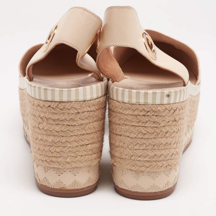 مملوكة مسبقًا Tory Burch Cream Leather Dandy Ankle Wrap Espadrille Wedge Sandals Size 41