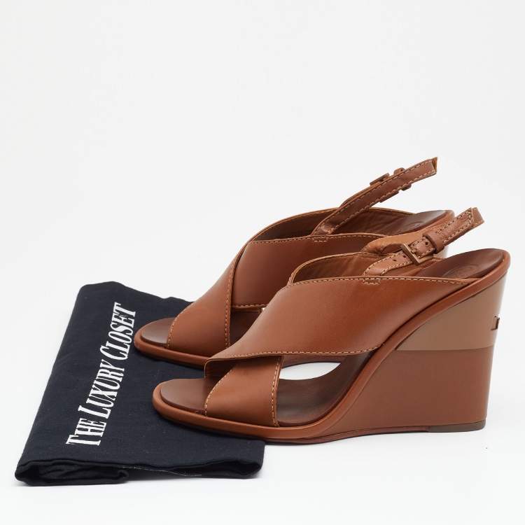 Pre Owned Tory Burch Brown Leather Gabriel Slingback Wedge Sandals 35.5