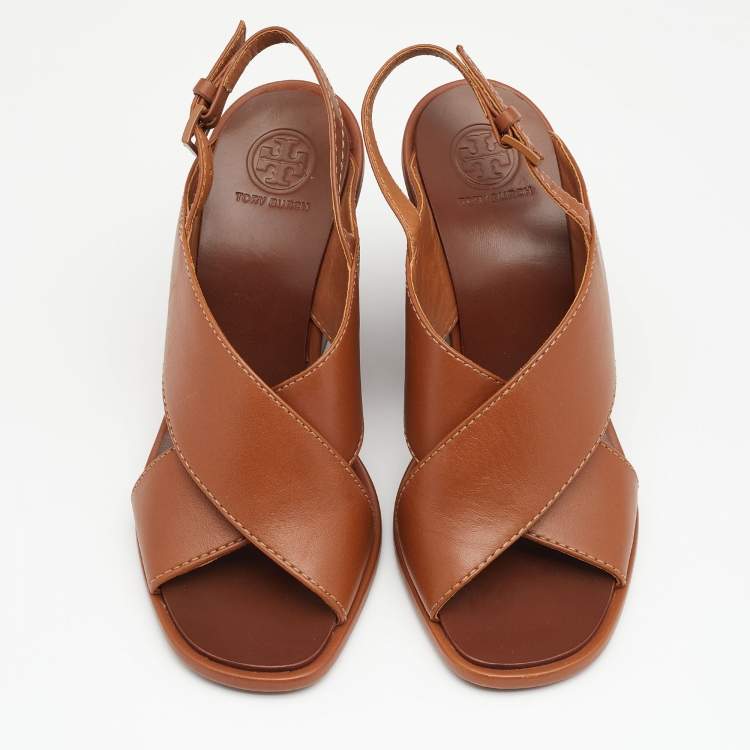 Pre Owned Tory Burch Brown Leather Gabriel Slingback Wedge Sandals 35.5