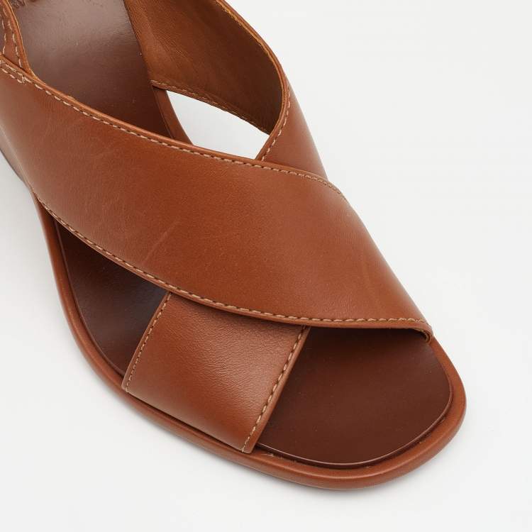 Pre Owned Tory Burch Brown Leather Gabriel Slingback Wedge Sandals 35.5