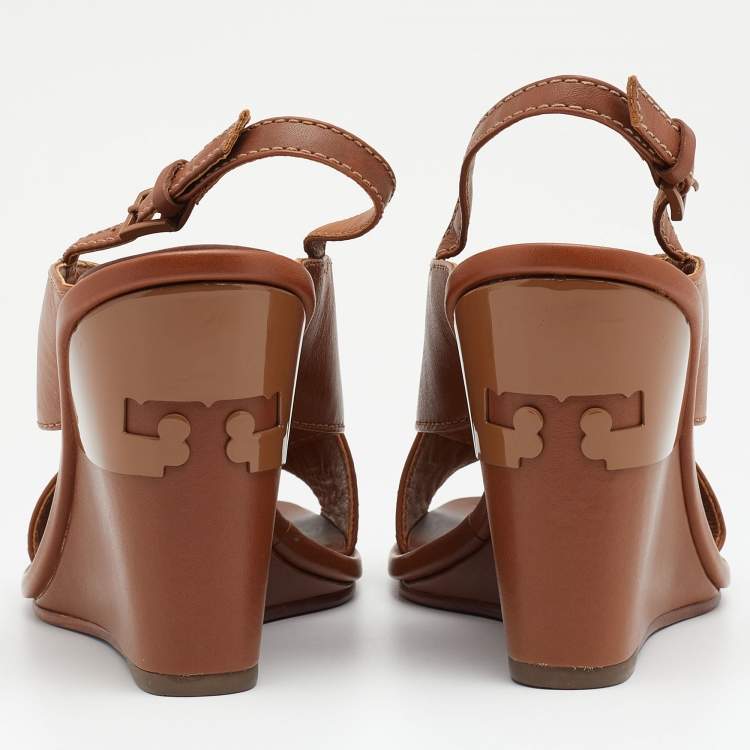 Pre Owned Tory Burch Brown Leather Gabriel Slingback Wedge Sandals 35.5