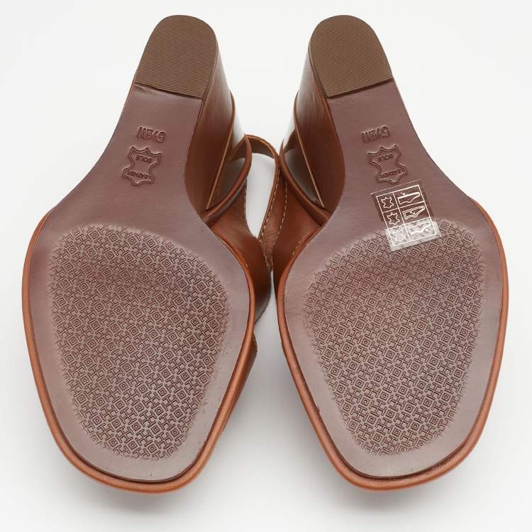 Pre Owned Tory Burch Brown Leather Gabriel Slingback Wedge Sandals 35.5