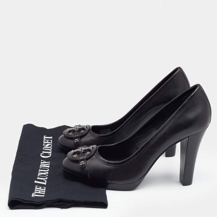 Pre Owned Tory Burch Black Leather Calista Logo Embellished Pumps Size 38.5
