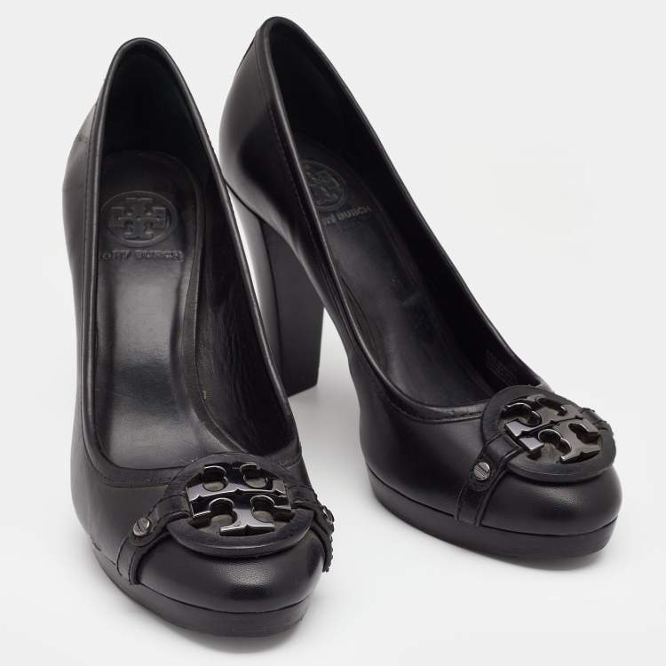 Pre Owned Tory Burch Black Leather Calista Logo Embellished Pumps Size 38.5