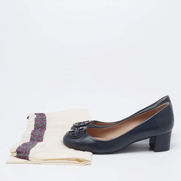 Pre Owned Tory Burch Navy Blue Leather Block Heel Pumps Size 37.5