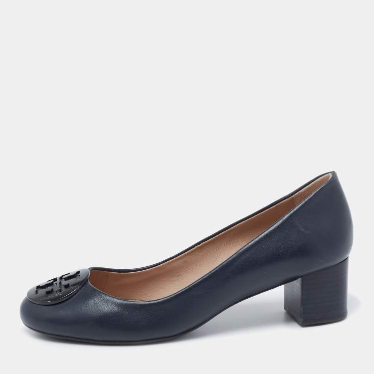 Pre Owned Tory Burch Navy Blue Leather Block Heel Pumps Size 37.5