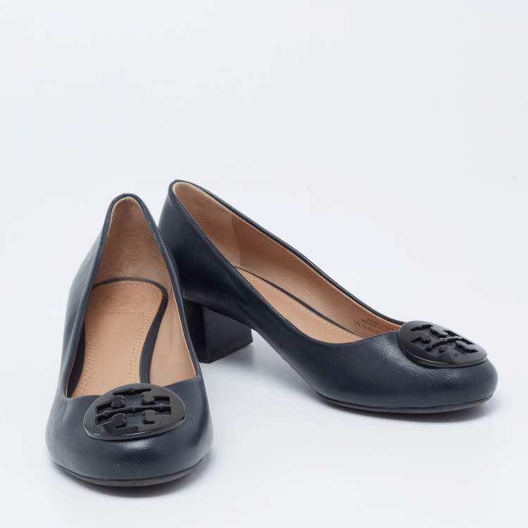 Pre Owned Tory Burch Navy Blue Leather Block Heel Pumps Size 37.5