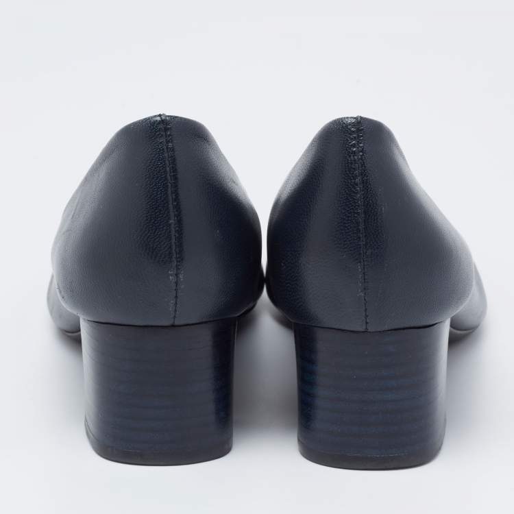 Pre Owned Tory Burch Navy Blue Leather Block Heel Pumps Size 37.5