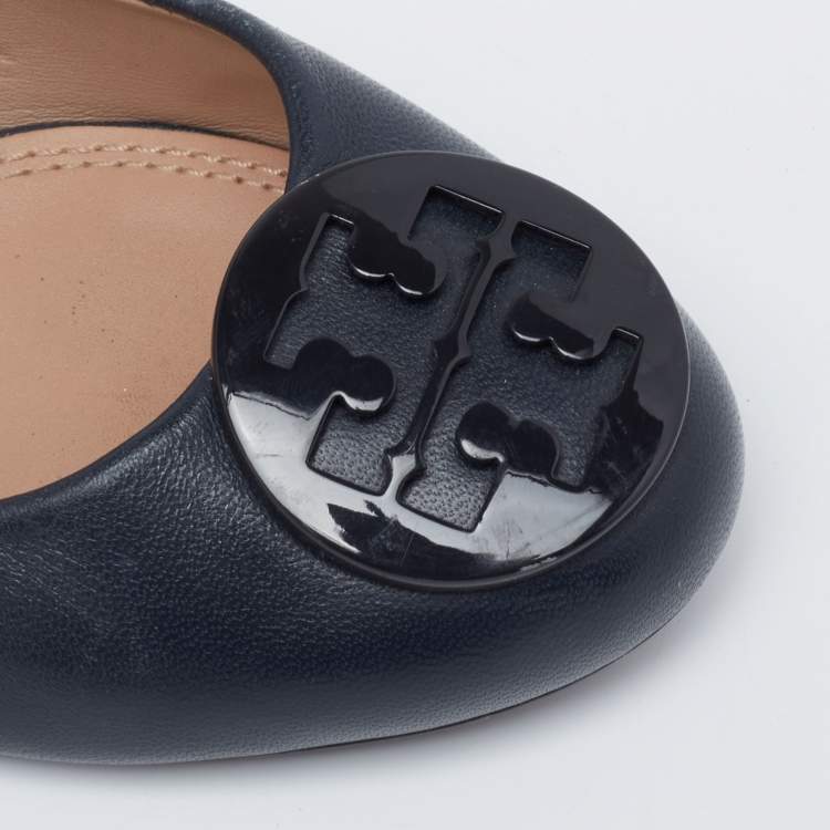 Pre Owned Tory Burch Navy Blue Leather Block Heel Pumps Size 37.5