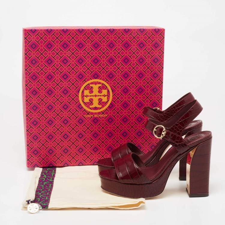 Pre Owned Tory Burch Burgundy Croc Embossed Leather Martine Platform Ankle Strap Sandals Size 37.5