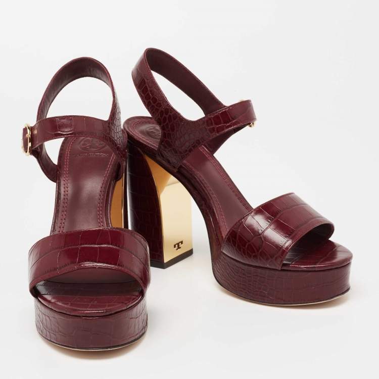 Pre Owned Tory Burch Burgundy Croc Embossed Leather Martine Platform Ankle Strap Sandals Size 37.5