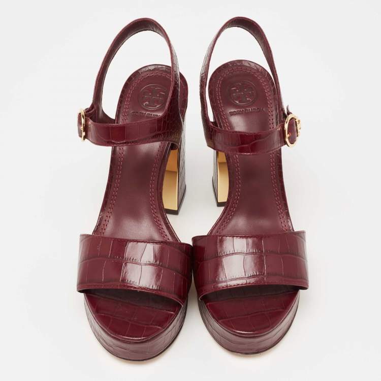 Pre Owned Tory Burch Burgundy Croc Embossed Leather Martine Platform Ankle Strap Sandals Size 37.5