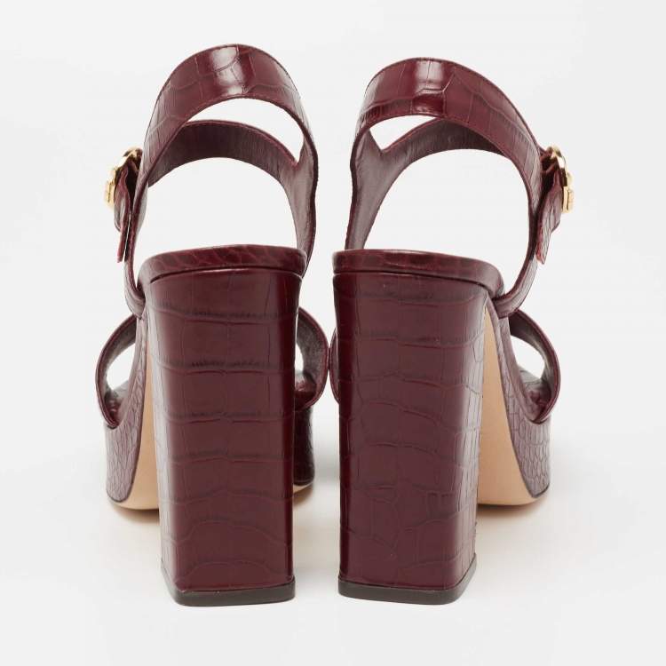 Pre Owned Tory Burch Burgundy Croc Embossed Leather Martine Platform Ankle Strap Sandals Size 37.5