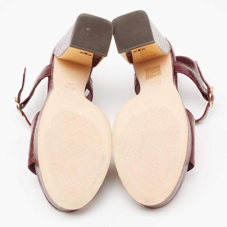 Pre Owned Tory Burch Burgundy Croc Embossed Leather Martine Platform Ankle Strap Sandals Size 37.5