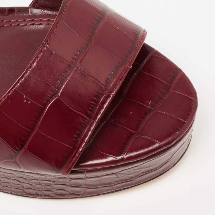 Pre Owned Tory Burch Burgundy Croc Embossed Leather Martine Platform Ankle Strap Sandals Size 37.5