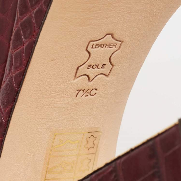 Pre Owned Tory Burch Burgundy Croc Embossed Leather Martine Platform Ankle Strap Sandals Size 37.5