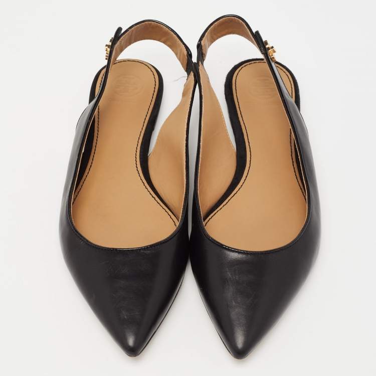 Pre Owned Tory Burch Black Leather Kira Pointed Toe Slingback Flats Size 37.5
