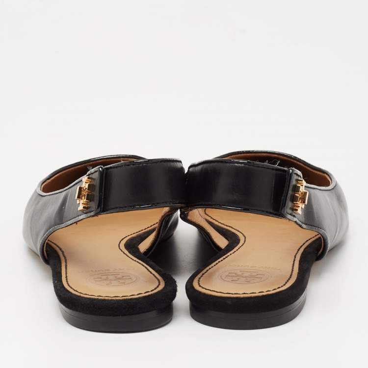 Pre Owned Tory Burch Black Leather Kira Pointed Toe Slingback Flats Size 37.5