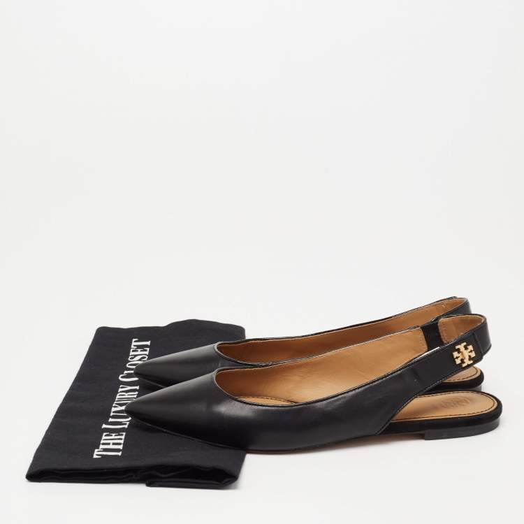 Pre Owned Tory Burch Black Leather Kira Pointed Toe Slingback Flats Size 37.5