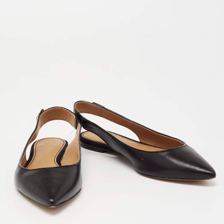 Pre Owned Tory Burch Black Leather Kira Pointed Toe Slingback Flats Size 37.5