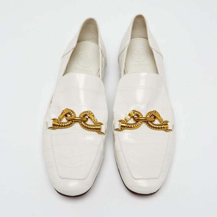Pre Owned Tory Burch White Croc Embossed Leather Jessa Loafers Size 38