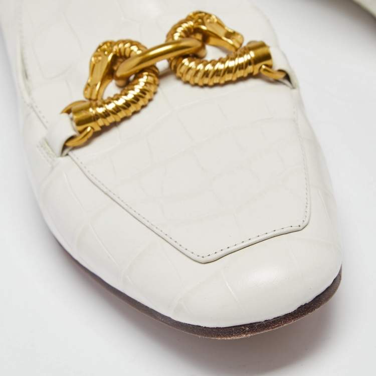 Pre Owned Tory Burch White Croc Embossed Leather Jessa Loafers Size 38