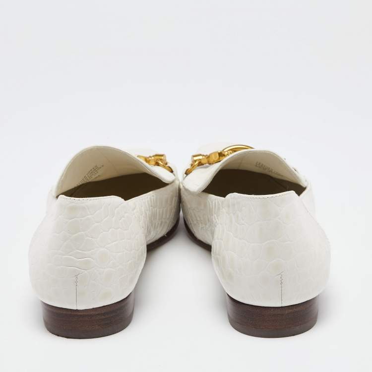 Pre Owned Tory Burch White Croc Embossed Leather Jessa Loafers Size 38
