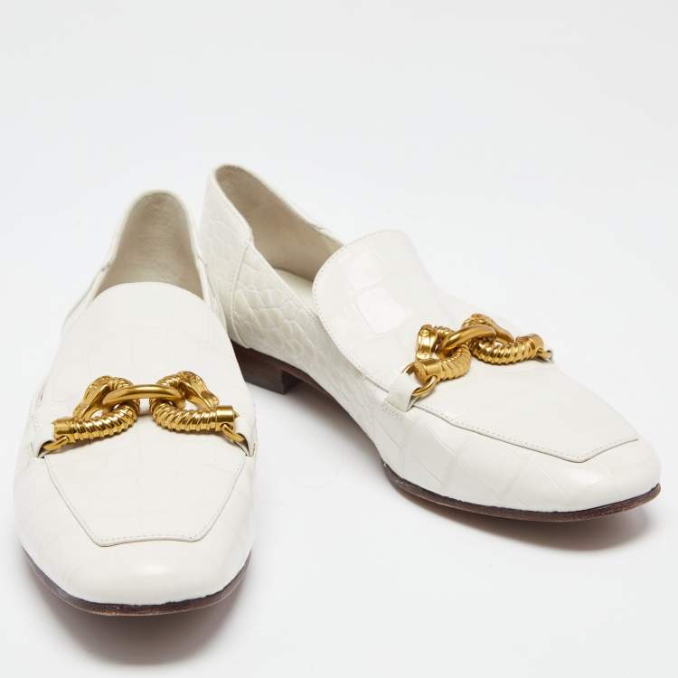 Pre Owned Tory Burch White Croc Embossed Leather Jessa Loafers Size 38