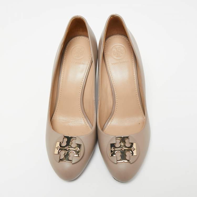 Pre Owned Tory Burch Beige Leather Luna Wedge Pumps Size 37