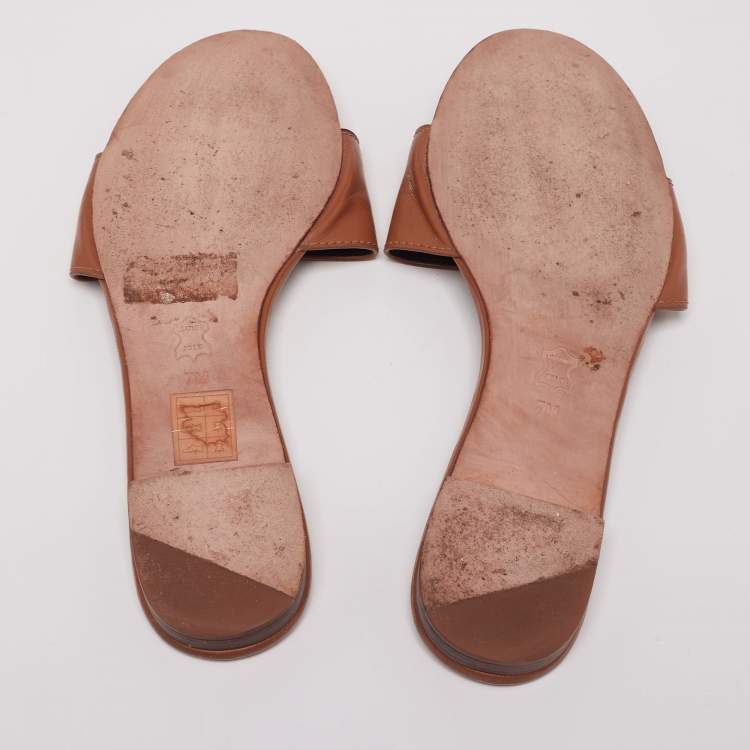 Pre Owned Tory Burch Brown Leather Pineapple Applique Slide Flat Sandals Size 37