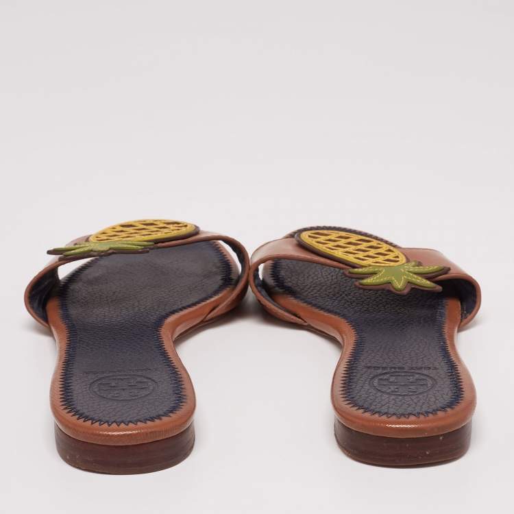 Pre Owned Tory Burch Brown Leather Pineapple Applique Slide Flat Sandals Size 37