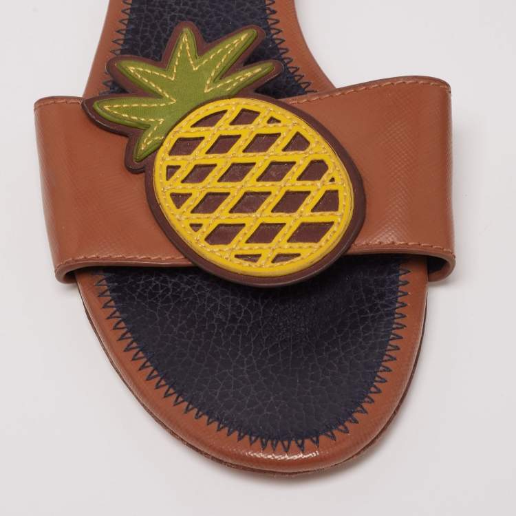 Pre Owned Tory Burch Brown Leather Pineapple Applique Slide Flat Sandals Size 37
