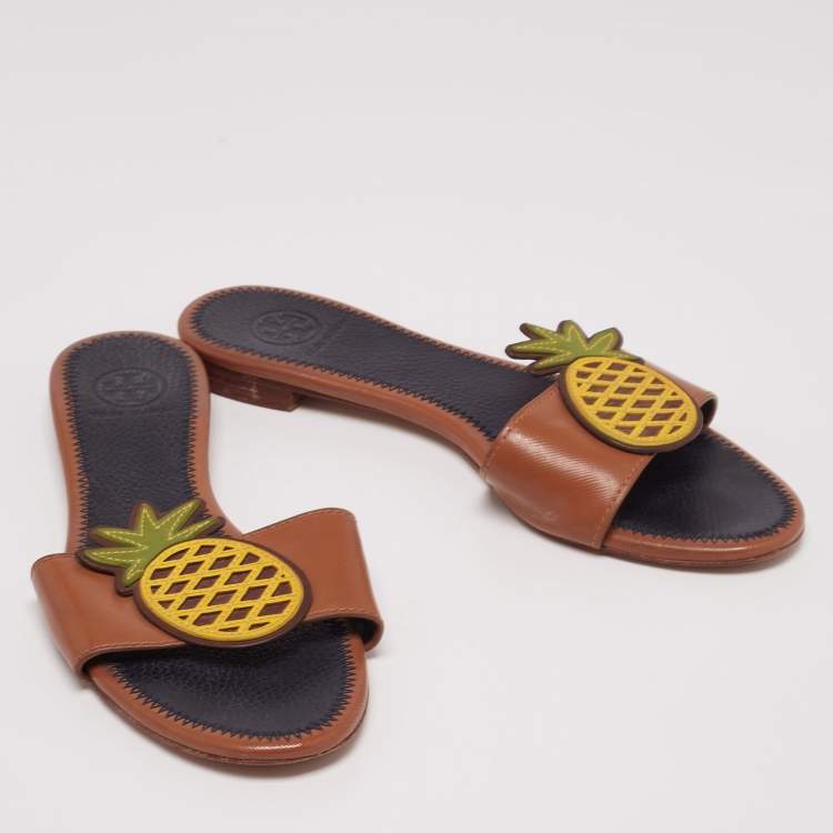 Pre Owned Tory Burch Brown Leather Pineapple Applique Slide Flat Sandals Size 37