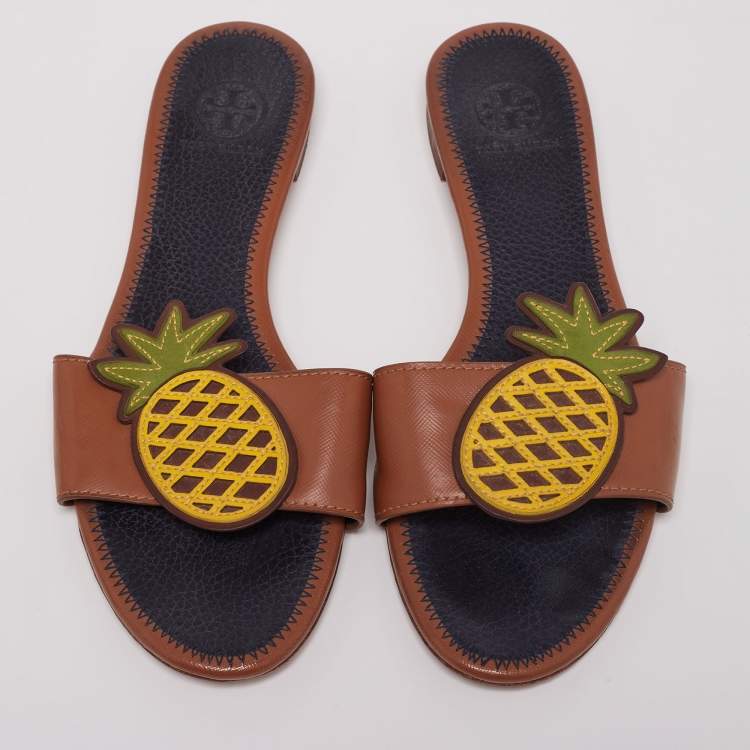 Pre Owned Tory Burch Brown Leather Pineapple Applique Slide Flat Sandals Size 37