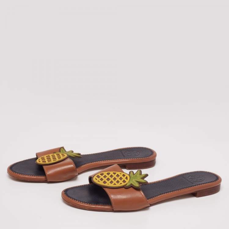 Tory Burch Brown Leather Pineapple Applique Slide Flat Sandals Size 37 Tory  Burch | TLC