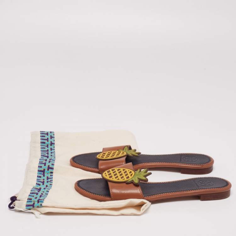 Pre Owned Tory Burch Brown Leather Pineapple Applique Slide Flat Sandals Size 37