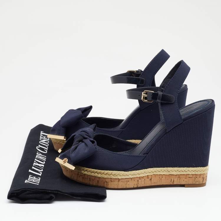 Pre Owned  Tory Burch Blue Fabric And Leather Espadrille Wedge Ankle Strap Sandals Size 37.5
